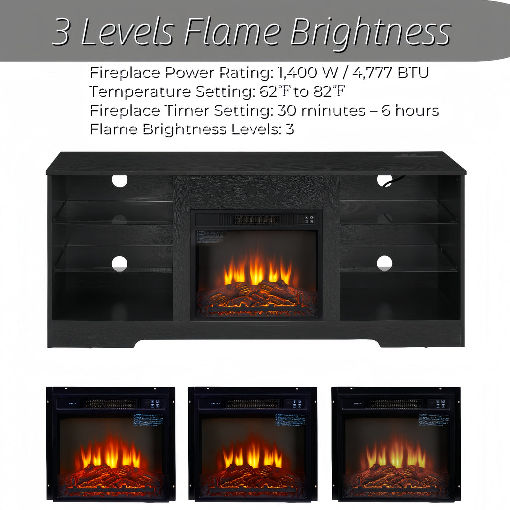 TV Stand Electric Fireplace TV Stand with Glass Shelves, 3D Fireplace TV Stand with LED Lights Wood with USB Charging Outlet Modern Television Table Center for TV up to 32-62' Black 58''W*15.4''D*24.4