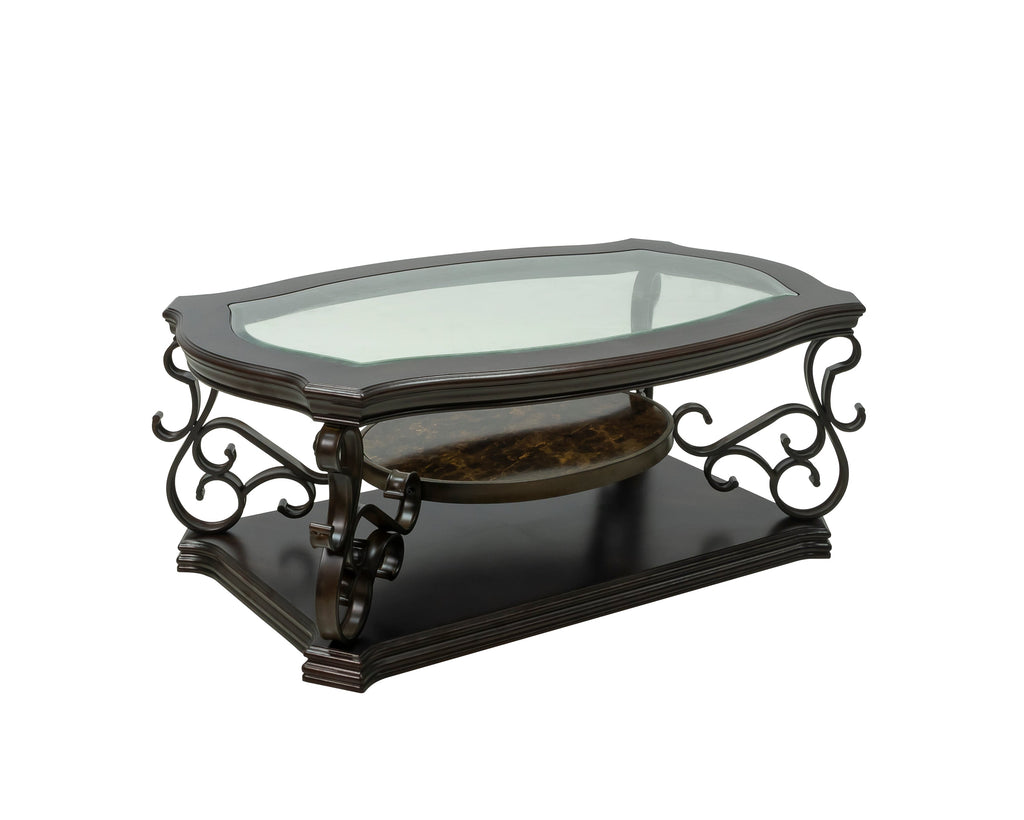 Cocktail Table, Glass table top, MDF W/marble paper middle shelf, powder coat finish metal legs. (52'Lx32'Wx20.3'H)