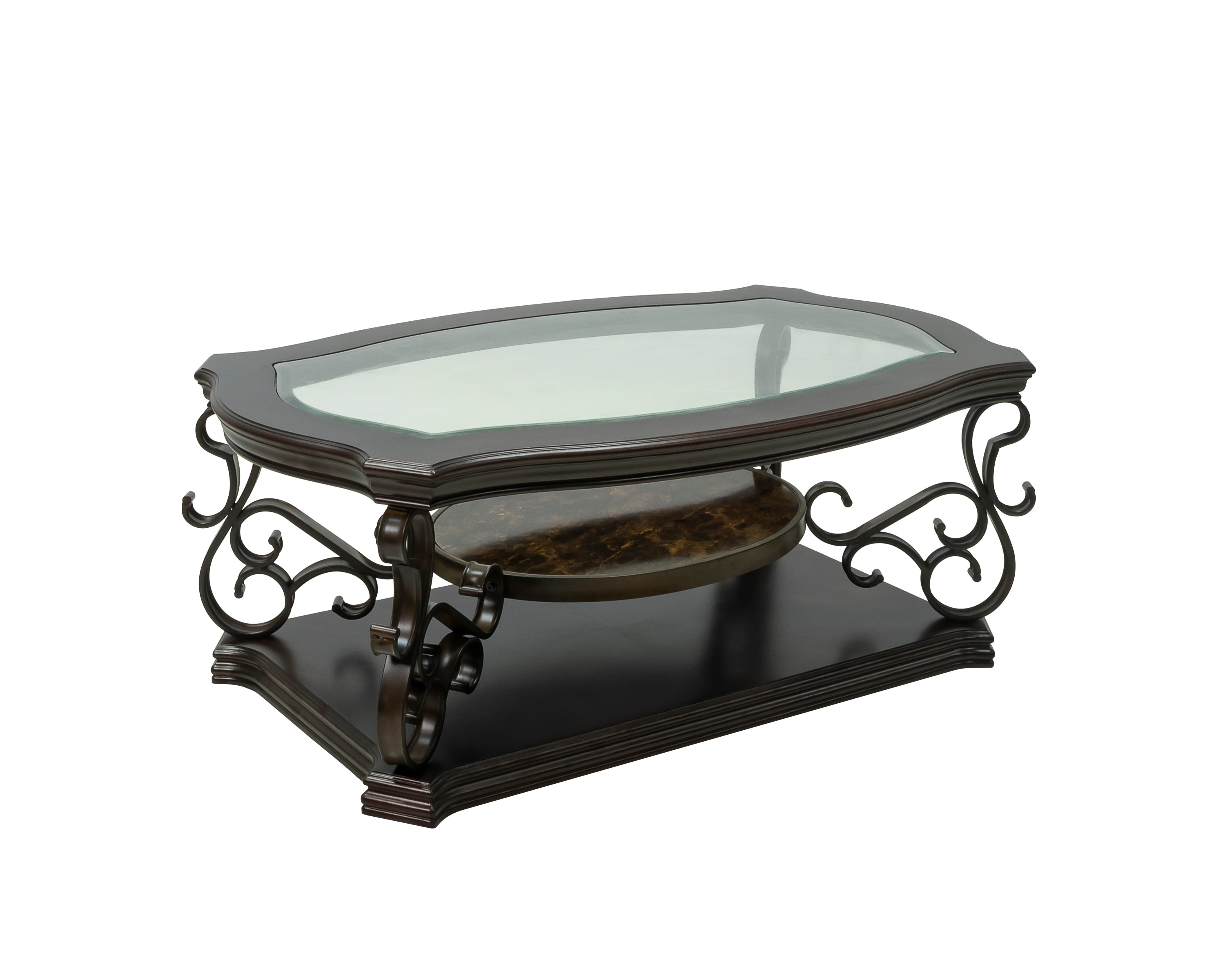 Cocktail Table, Glass table top, MDF W/marble paper middle shelf, powder coat finish metal legs. (52'Lx32'Wx20.3'H)