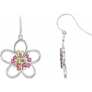 14K White Gold Natual Peridot & Natual Pink Tourmaline Flower Earrings