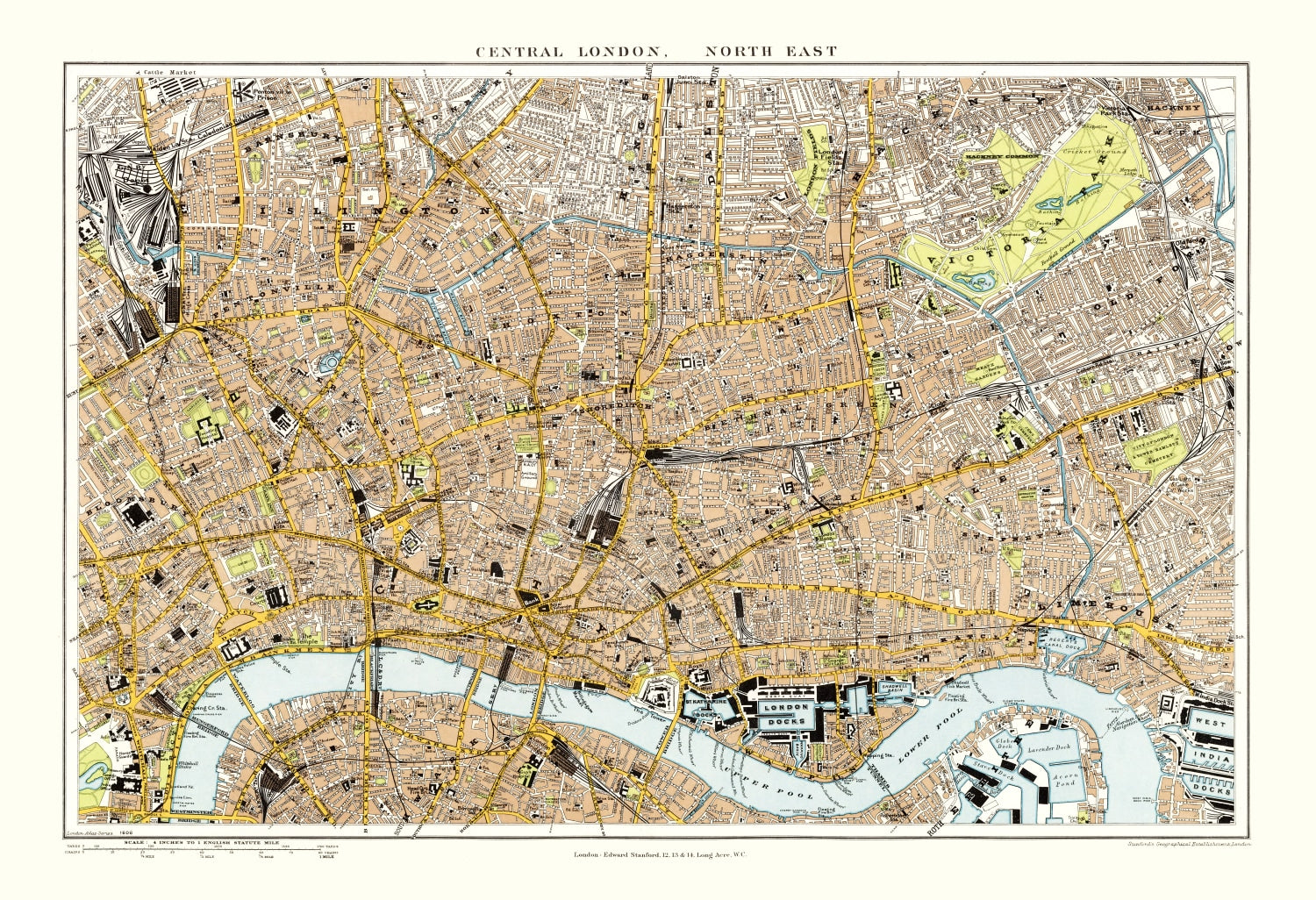 Vintage Map of Central & Northeast London, England 1904