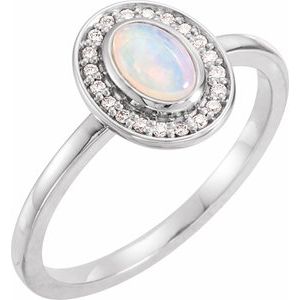 Sterling Silver Natural White Opal & .08 CTW Natural Diamond Halo-Style Ring