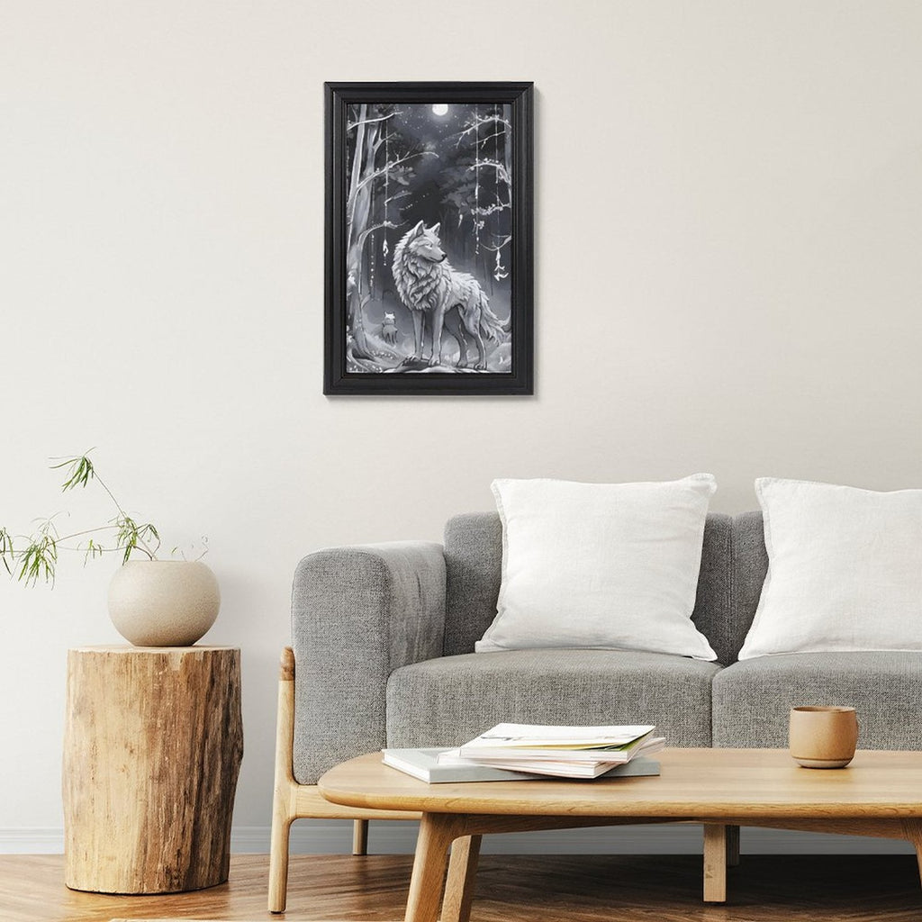 Ethereal Wolf in the Moonlight Framed Vertical Canvas Wall Art Print - 16" × 24"
