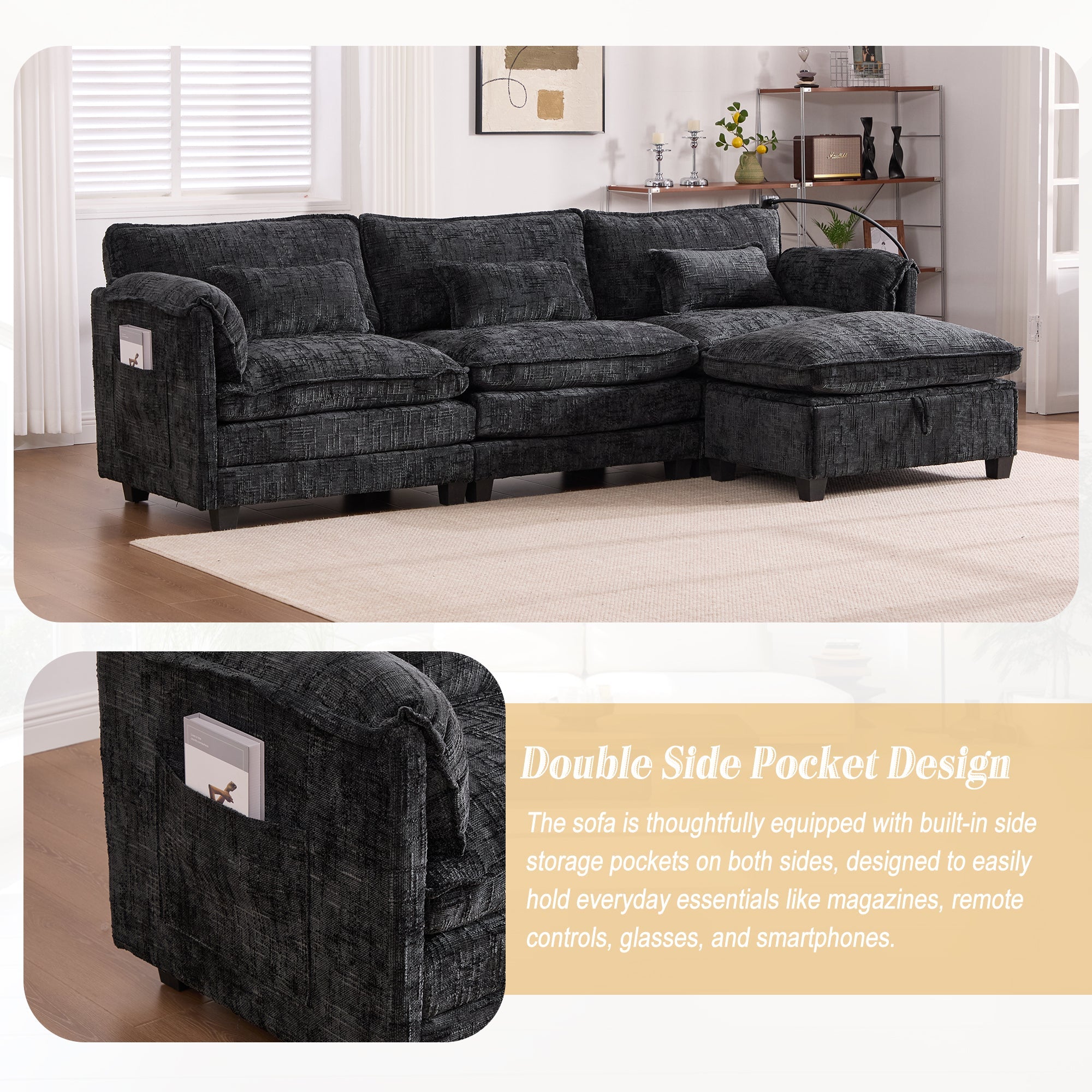 UNITED WE WIN 112' Oversized Sectional Sofa Cloud Couch for Living Room, Modern Chenille L Shaped Couch, Comfy Boucle Modular Sofa Sleeper with Movable Storage Ottoman, Phone Holder, USB Charging Port