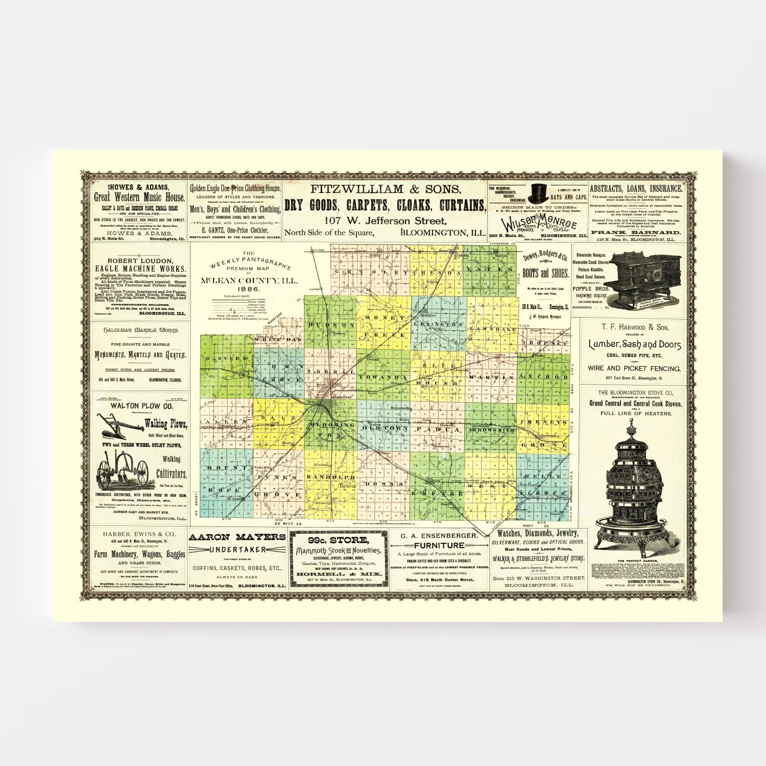 Vintage Map of McLean County, Illinois 1886