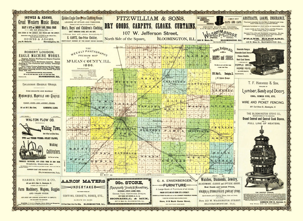 Vintage Map of McLean County, Illinois 1886
