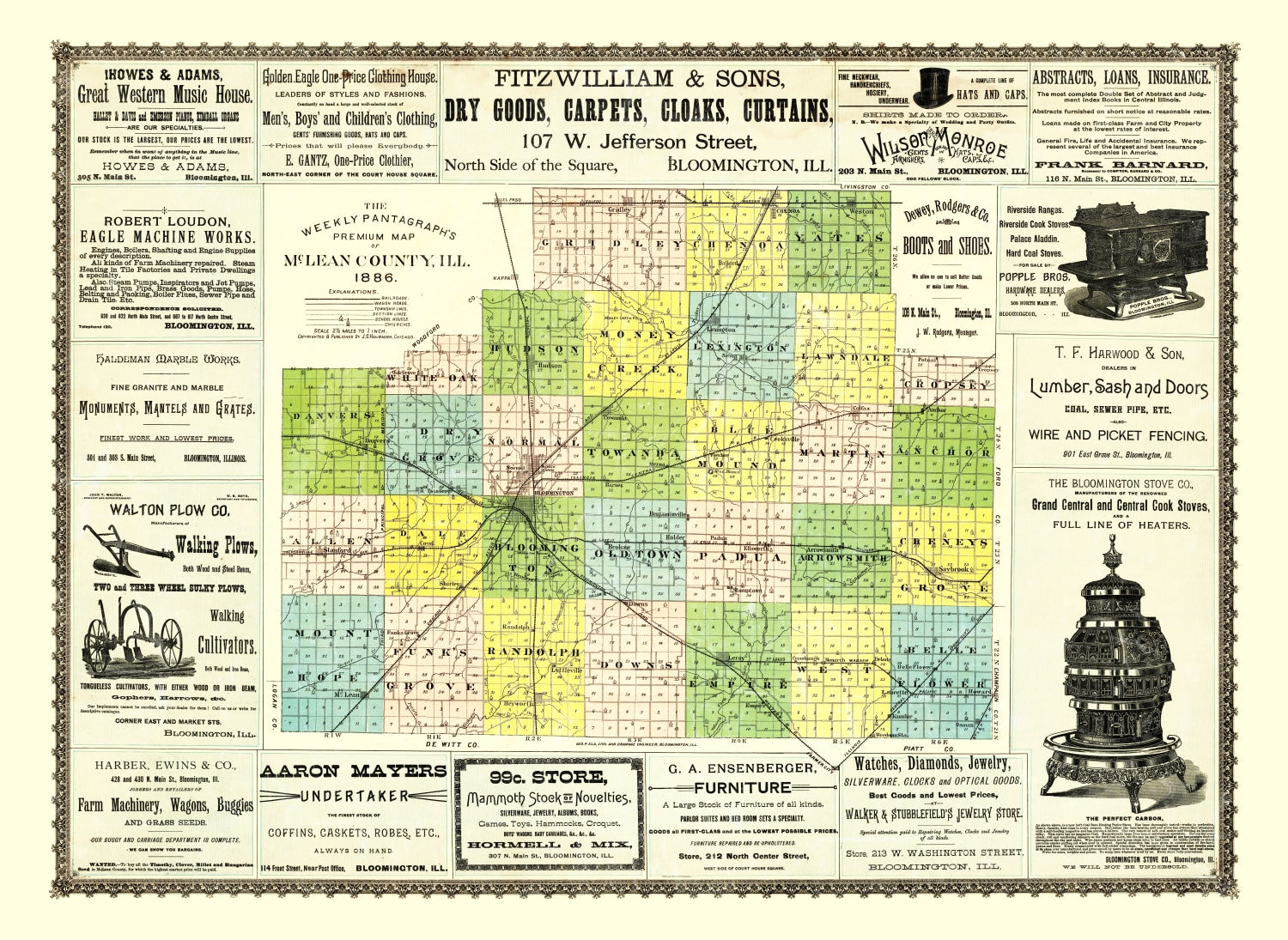Vintage Map of McLean County, Illinois 1886