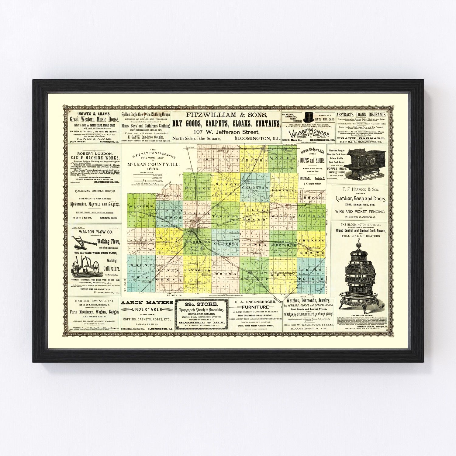 Vintage Map of McLean County, Illinois 1886