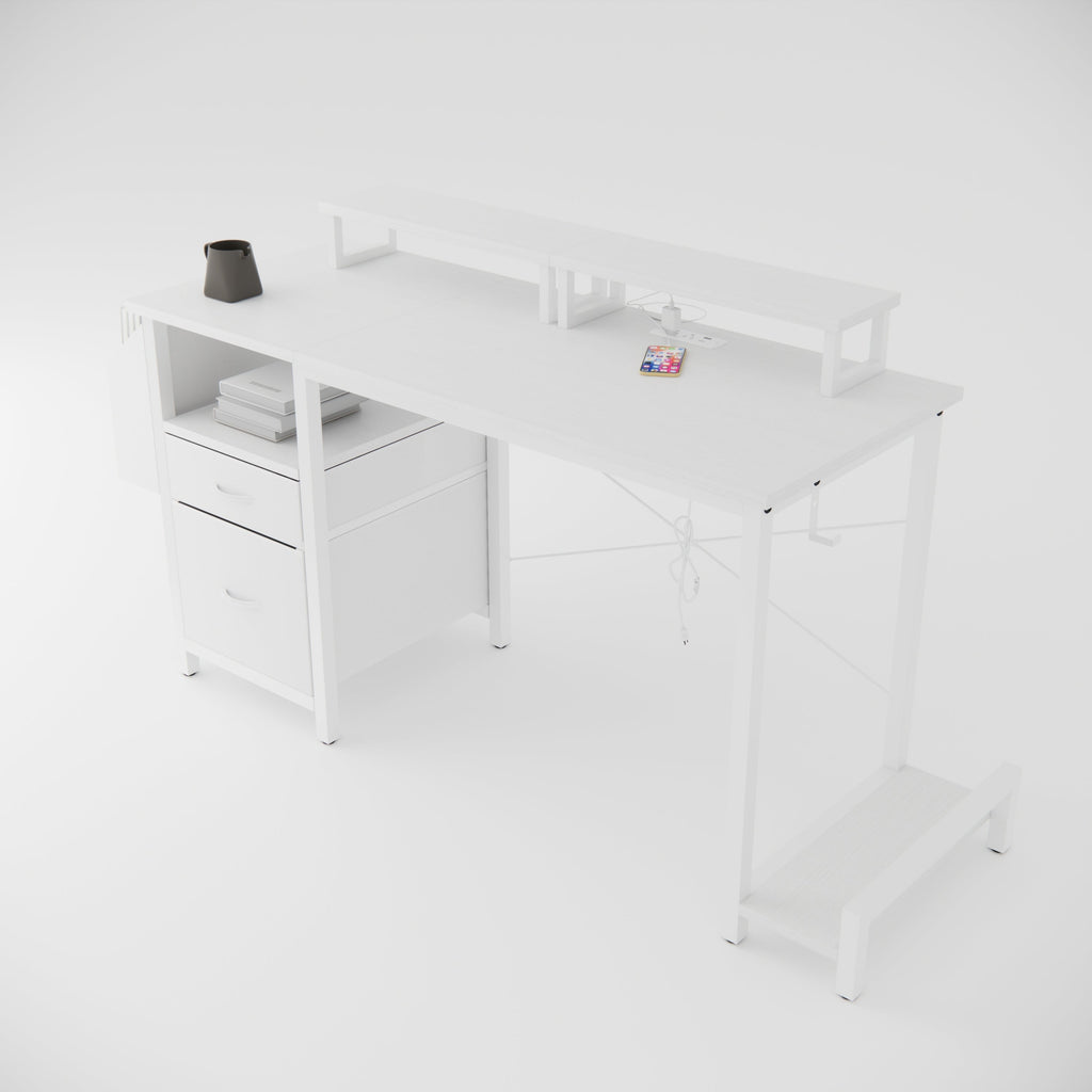 47.3'office desk with power outlet,2 Monitor Stands,2 drawers,Side Pocket,Easy to Assemble,Frame stability Reversible,use for home desk, computer desk, game table,White