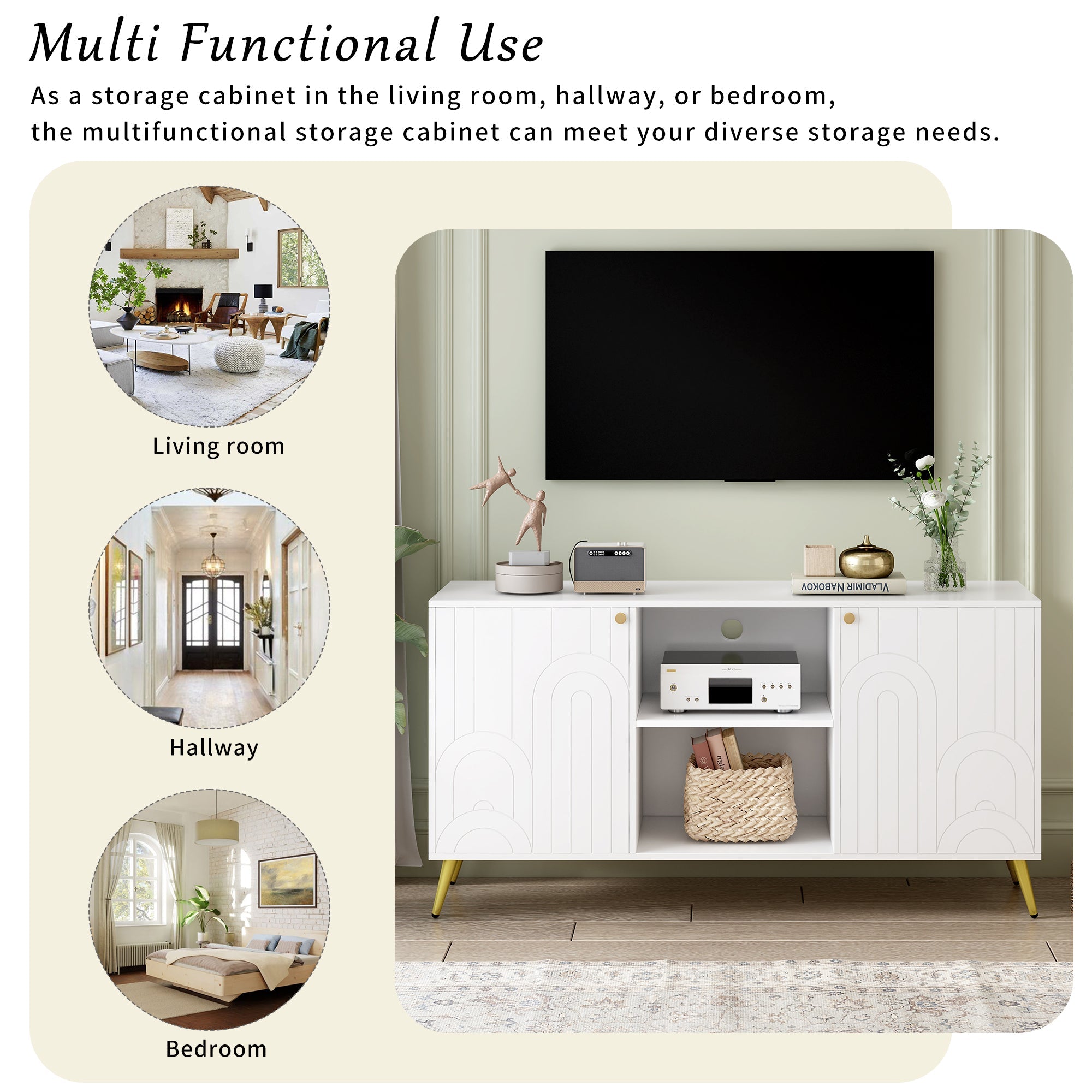 U-Can Modern TV Stand for TVs up to 55 Inches, Entertainment Center Media Console,Adjustable Shelf, Metal Legs, Handles and Anti-tip Device for Living room