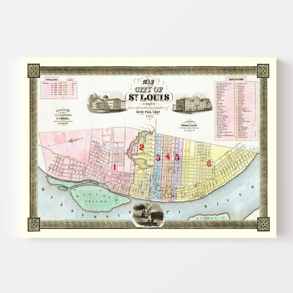 Vintage Map of St Louis, Missouri 1844