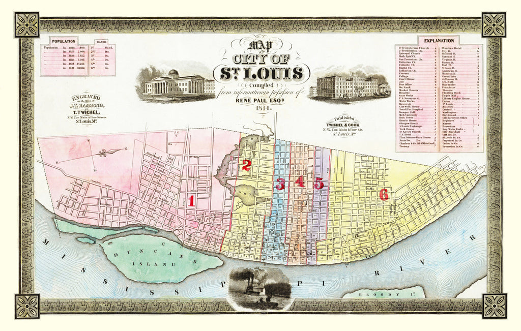Vintage Map of St Louis, Missouri 1844