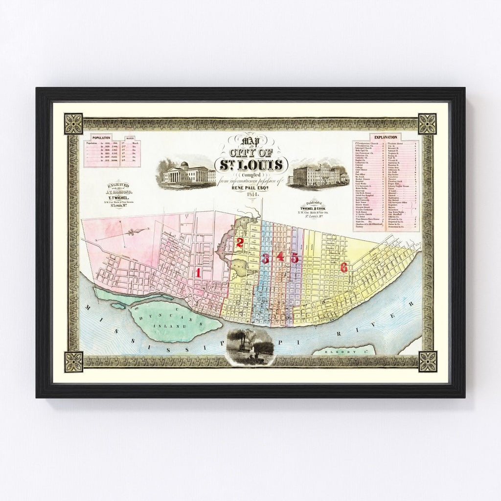 Vintage Map of St Louis, Missouri 1844