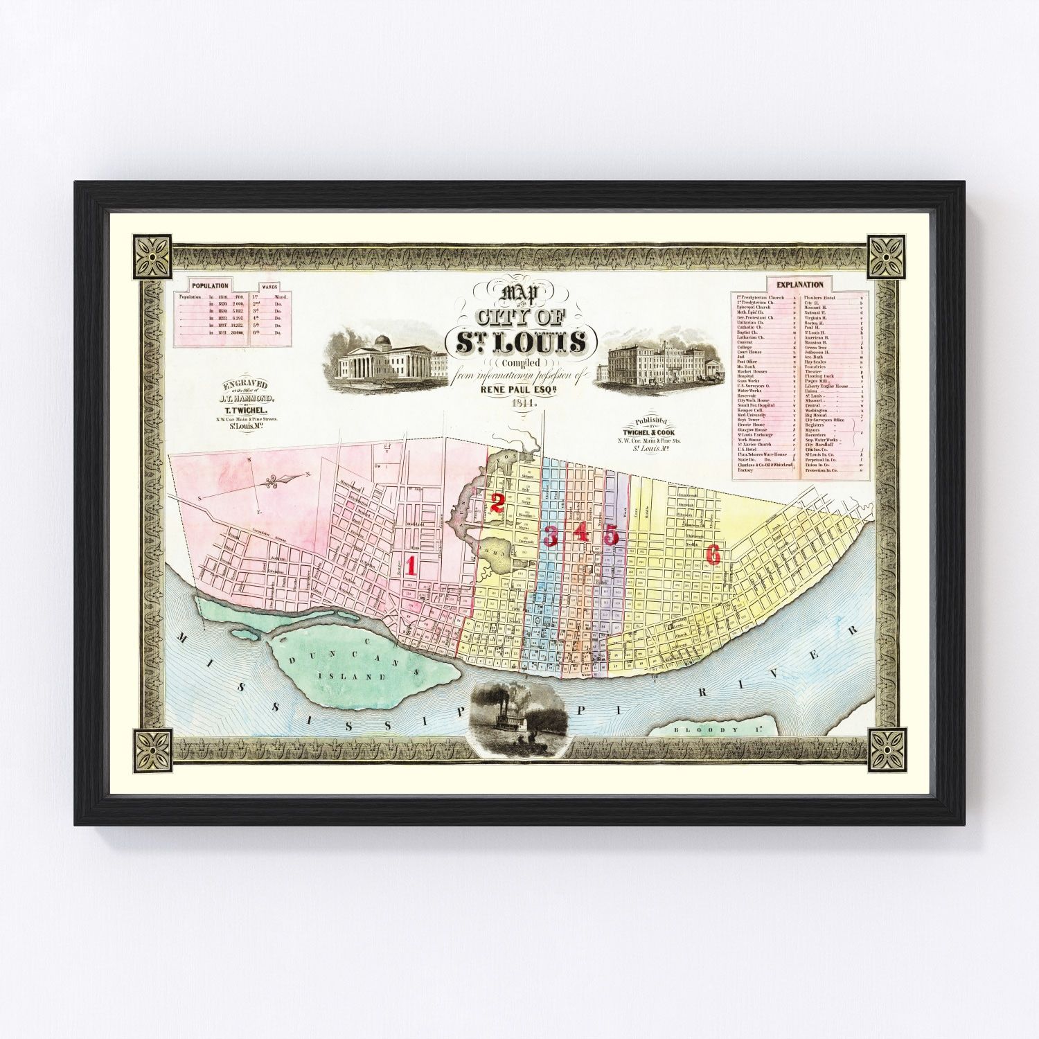 Vintage Map of St Louis, Missouri 1844