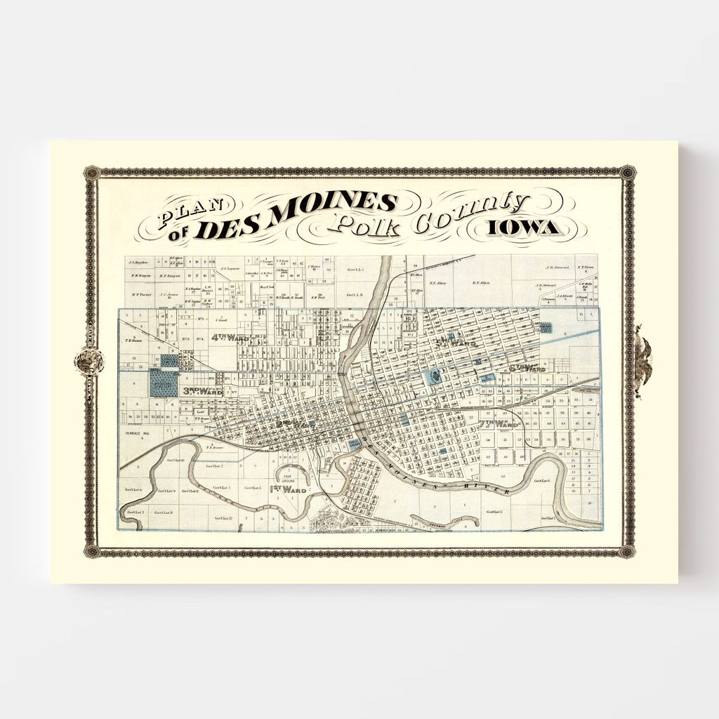 Vintage Map of Des Moines, Iowa 1875