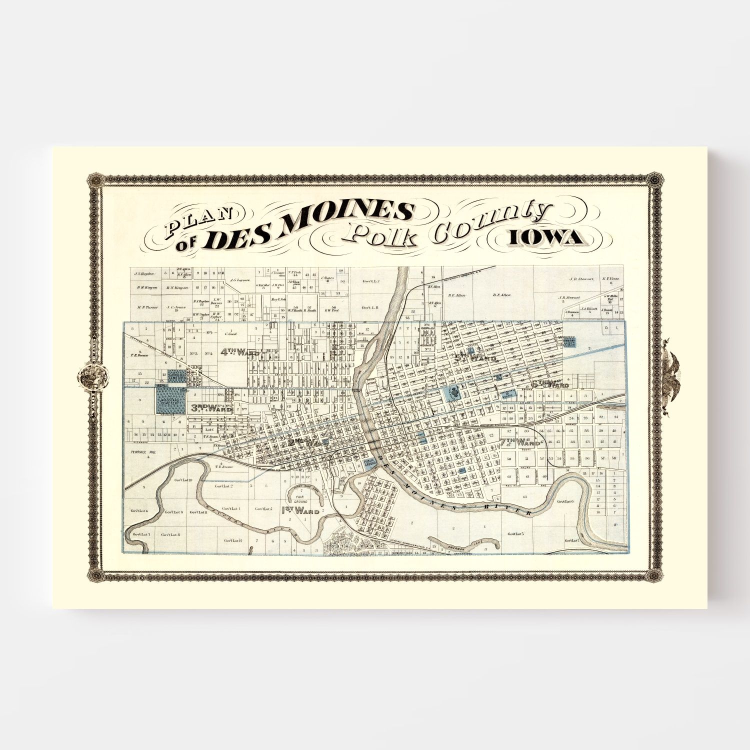 Vintage Map of Des Moines, Iowa 1875