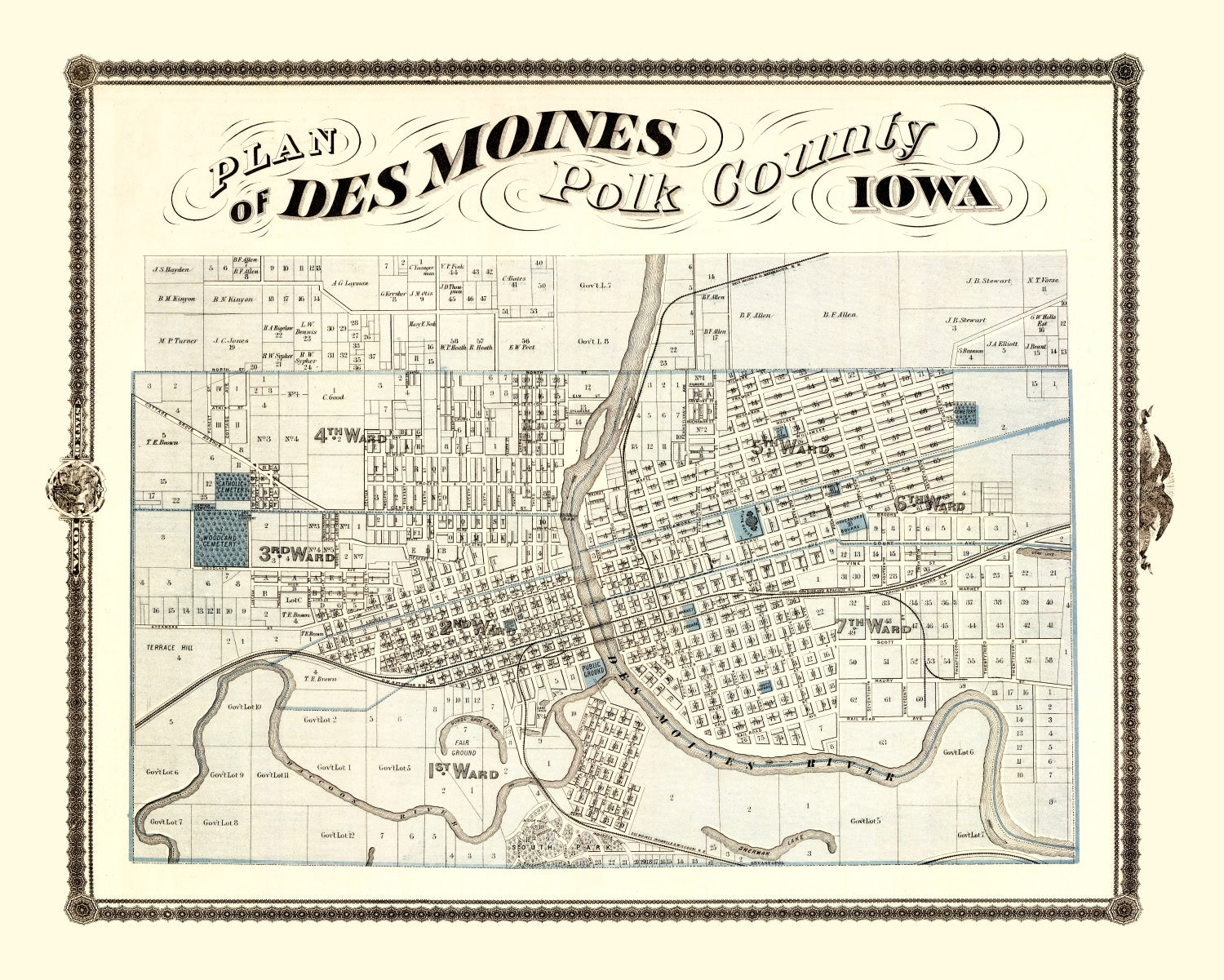 Vintage Map of Des Moines, Iowa 1875