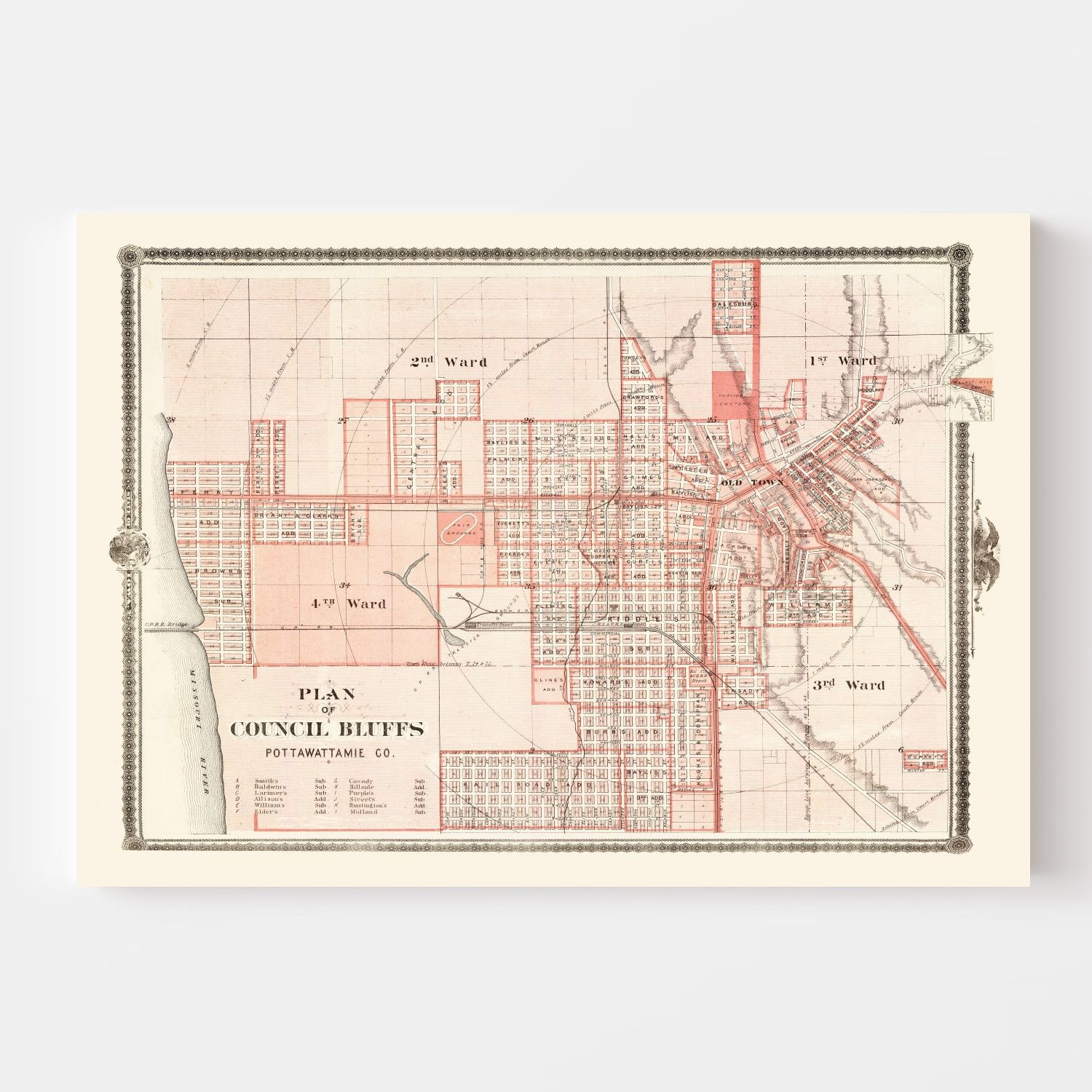 Vintage Map of Council Bluffs, Iowa 1875