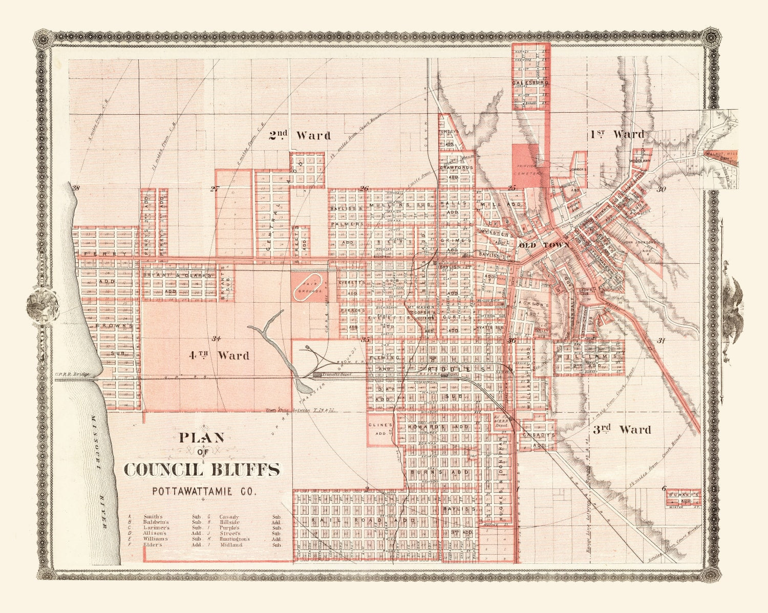 Vintage Map of Council Bluffs, Iowa 1875