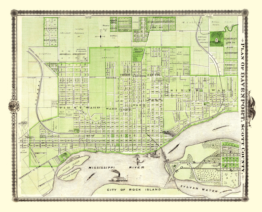 Vintage Map of Davenport, Iowa 1875