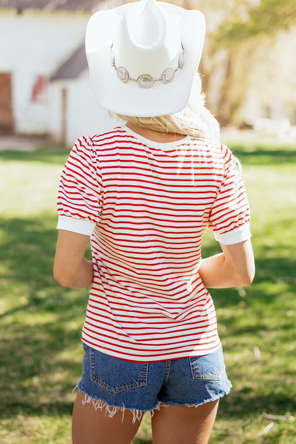 Stripe Contrast Trim Round Neck Puff Sleeve T-Shirt