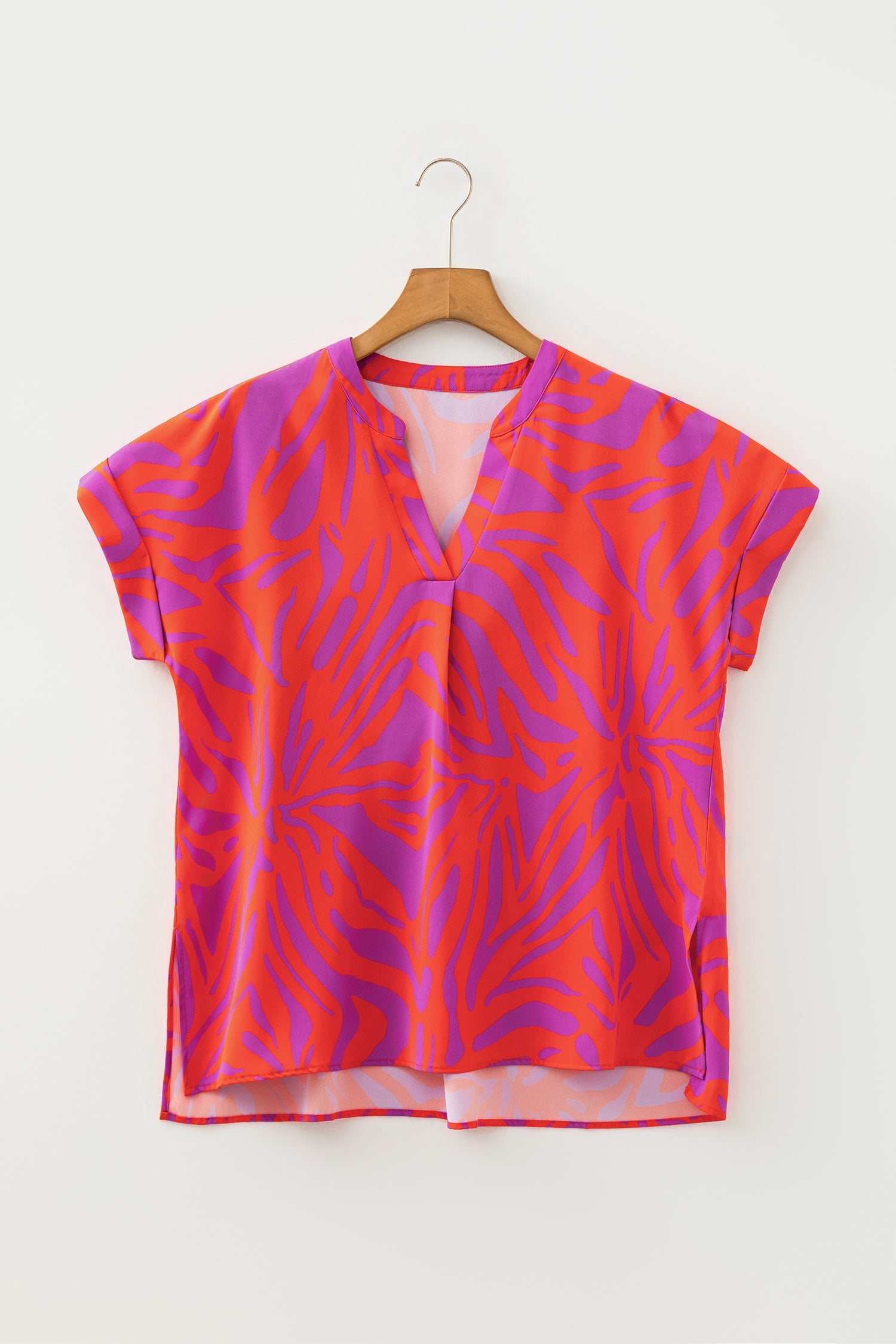 V-Neck Abstract Short Sleeve Cuff Blouse
