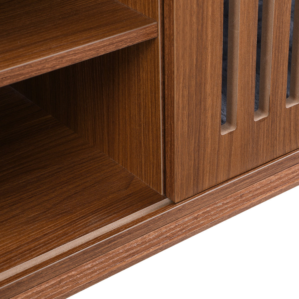 Mid-Century Modern 2 in 1 Cat Furniture, Cat House Litter Box Enclosure Walnut TV Stand With Extendable table, Sliding door. Wood TV Cabinet with Storage