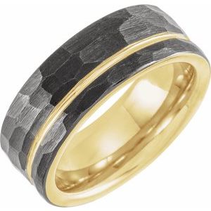 18K Yellow Gold PVD & Black PVD Tungsten 8 mm Grooved Comfort-Fit Flat Band Size 14