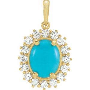 14K Yellow Gold Natural Turquoise & 1/3 CTW Natural Diamond Halo-Style Pendant