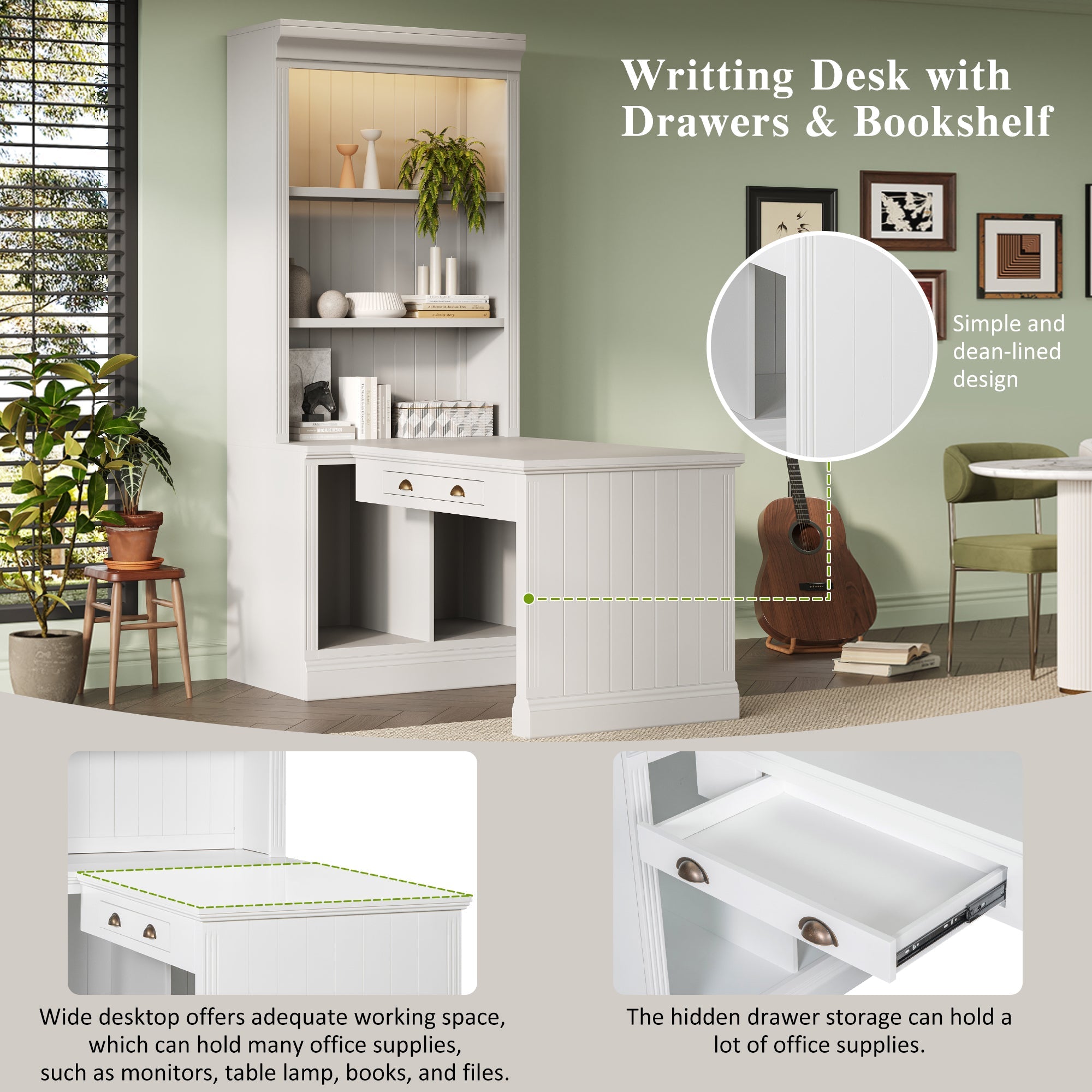 83.4'Tall Bookshelf with Writing Desk, Modern Bookcase with Study Desk, Workstation with Storage Shelf,Storage Bookcase with Open Shelves and LED Lighting for Living Room,Home Office,White