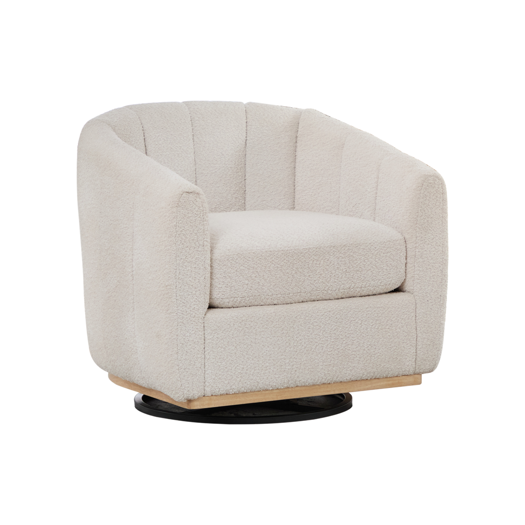 Modern Ivory Chenille Cushioned Metal Base Swivel Barrel Chair, 32.28' Wide Upholstered Tufted Pumpkin-Shape Club Armchair