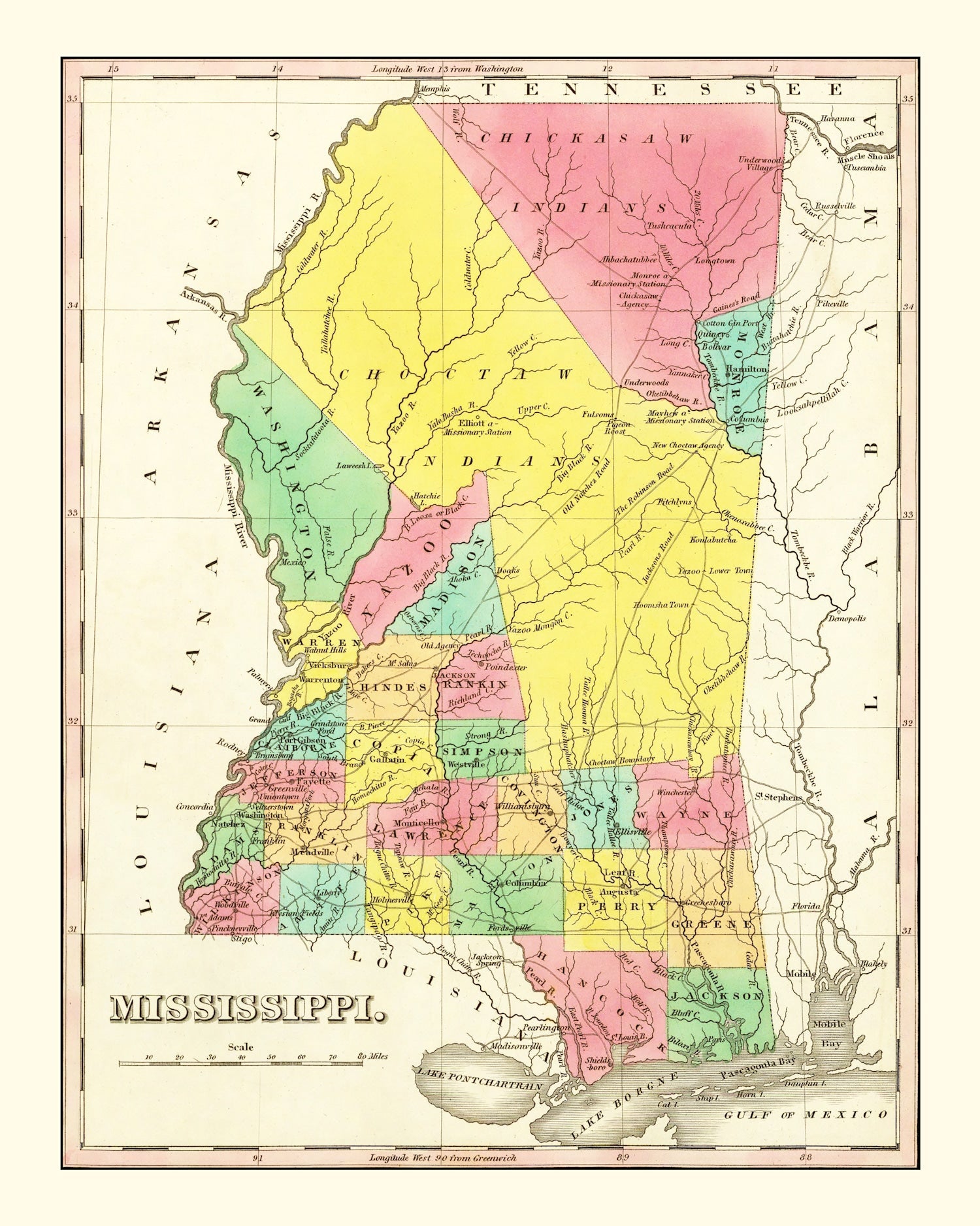 Vintage Map of Mississippi 1831