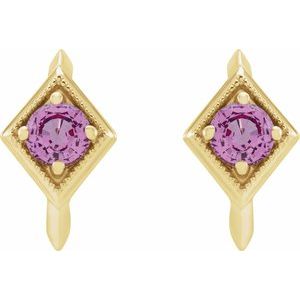 14K Yellow Gold Natural Pink Sapphire Geometric 13.58 mm Hoop Earrings – image 2