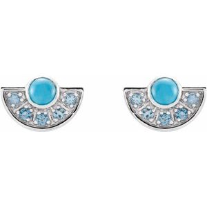Platinum Natural Turquoise & Natural Aquamarine Fan Earrings – image 2