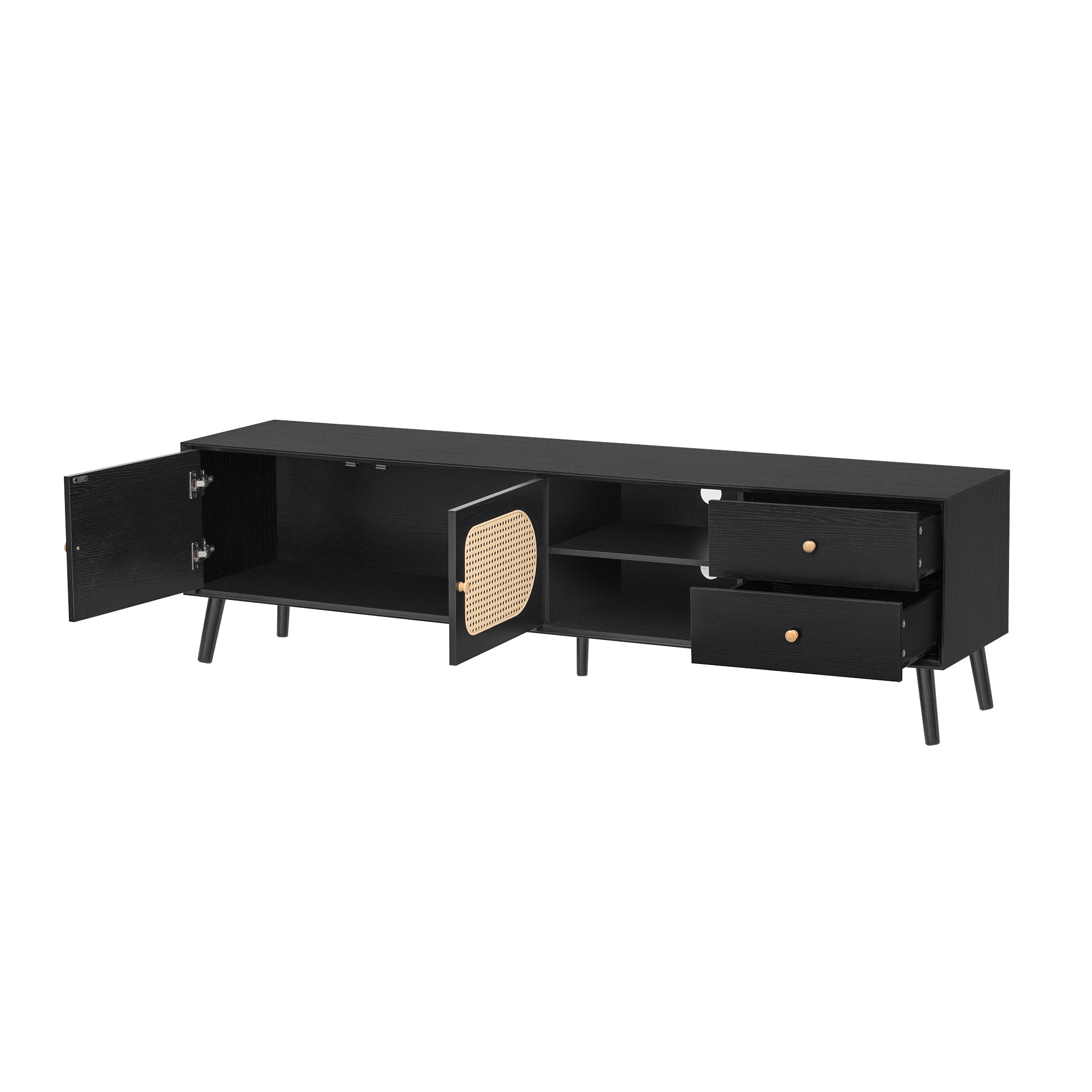 70' TV Stand for TVs up to 80 Inches, Mid Century Modern Entertainment Center with Rattan Doors, 2 Drawers, and Open Shelf, Television Stand for Living Room
