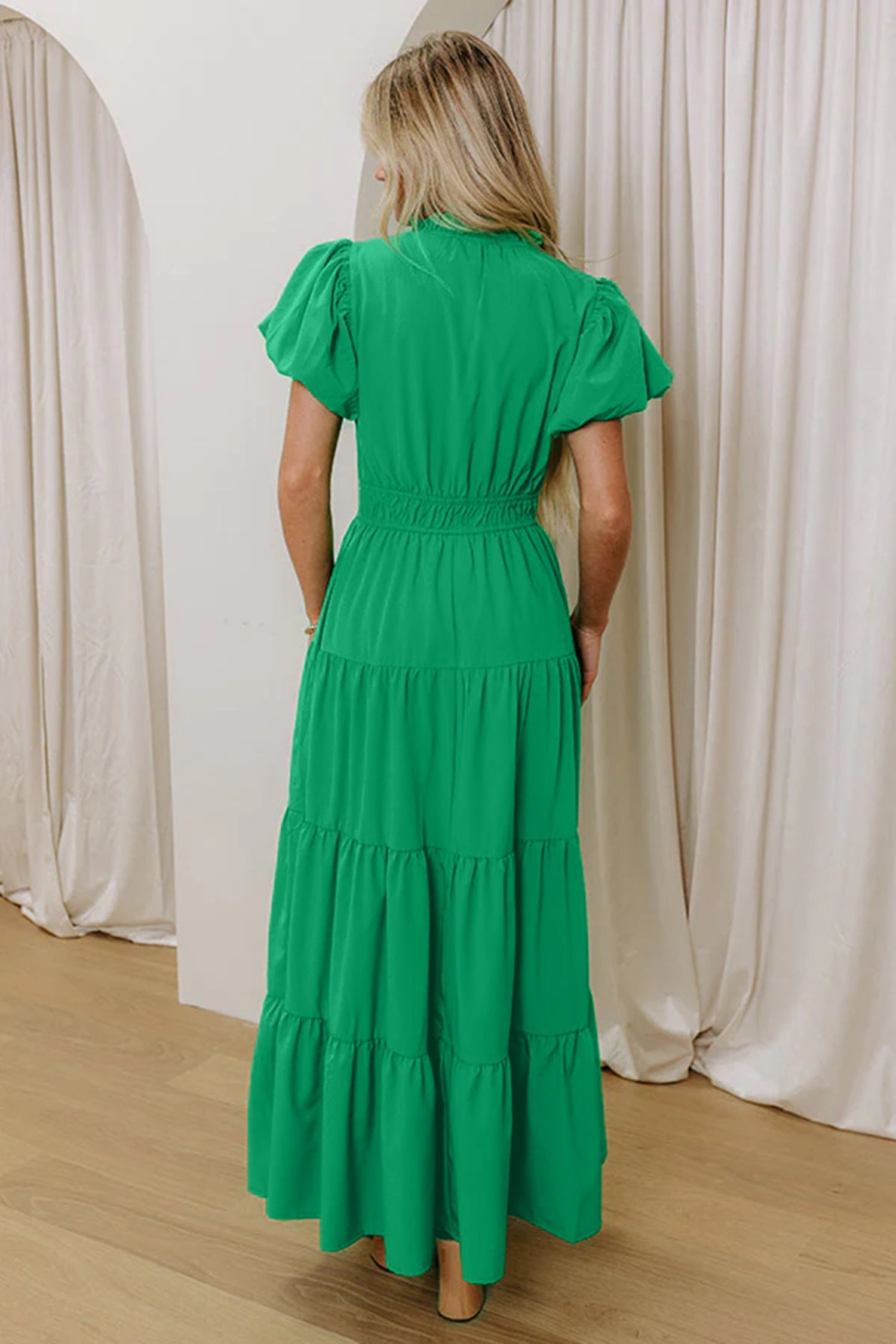 Solid V-Neck Short Puff Sleeve Tiered Maxi Dress
