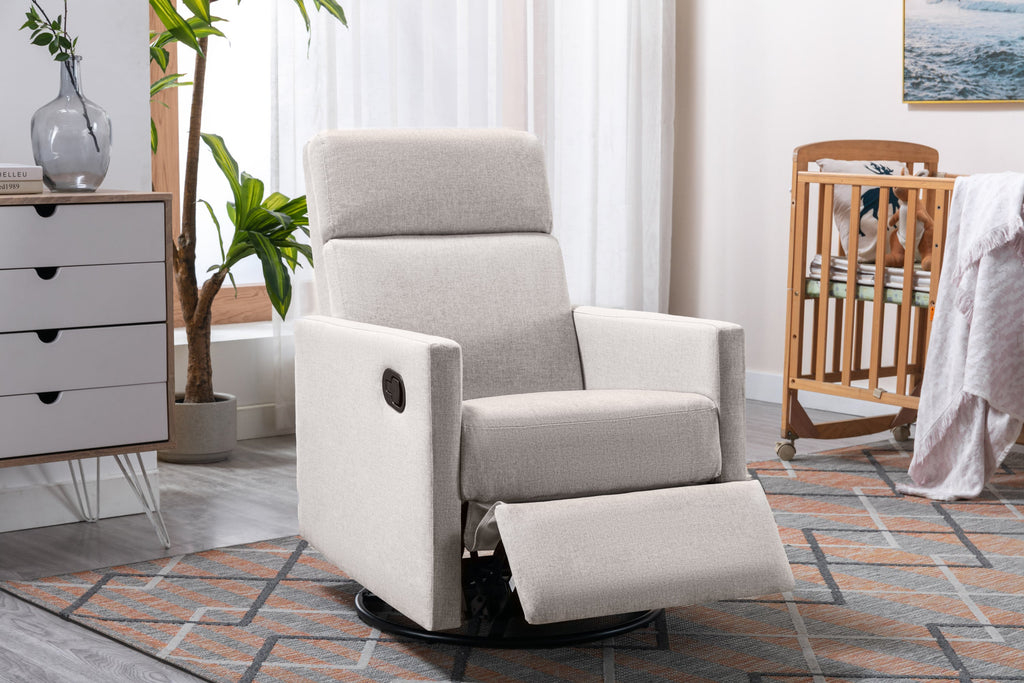 Modern Upholstered Rocker Nursery Chair with Plush Seating, Tan Linen, Swivel Recliner