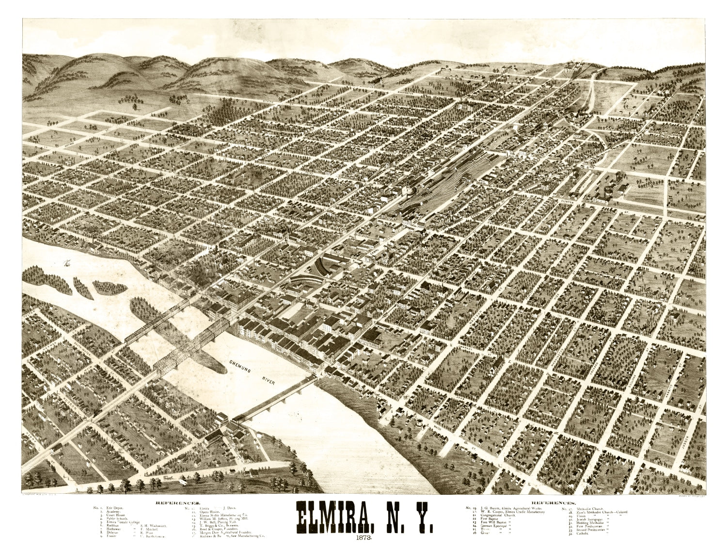 Vintage Map of Elmira, New York 1873