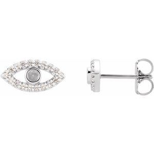 14K White Gold Natural White Sapphire Semi-Set Evil Eye Earrings
