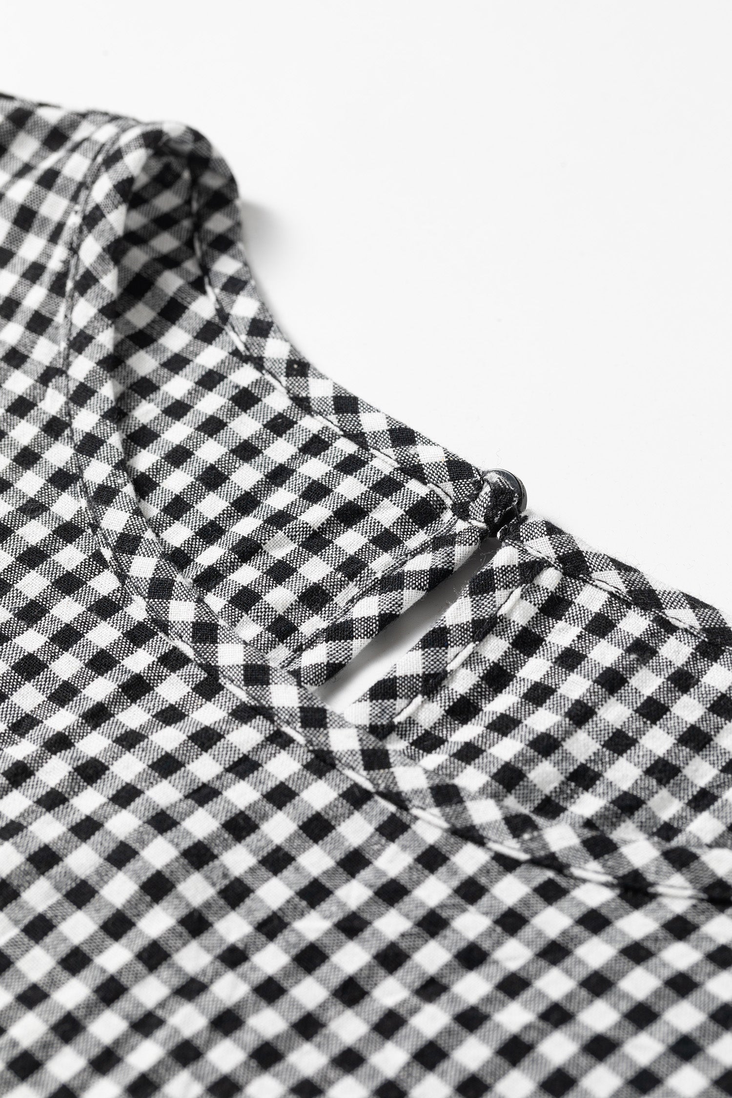 Gingham Shirred Cuff Long Sleeve Round Neck Blouse