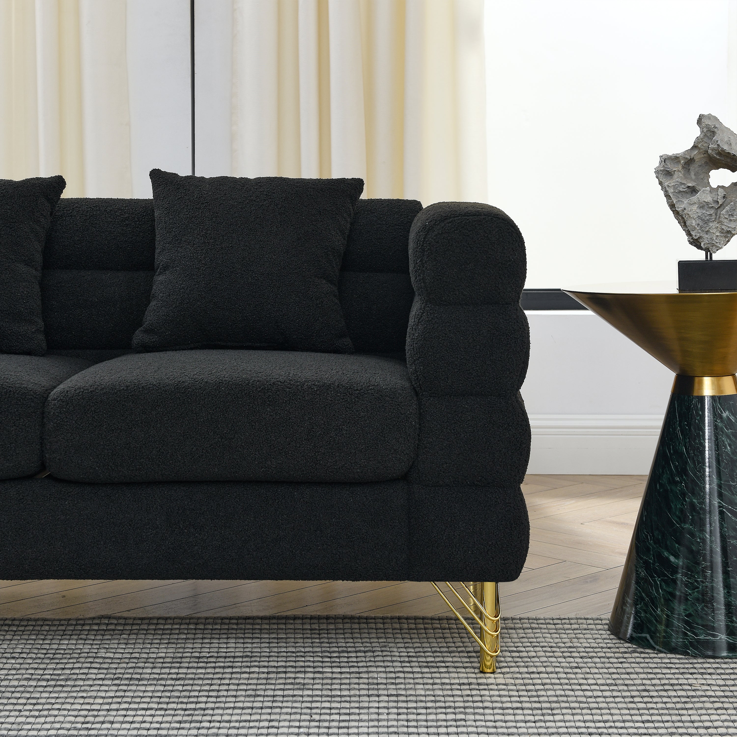 60Inch Oversized 2 Seater Sectional Sofa, Living Room Comfort Fabric Sectional Sofa-Deep Seating Sectional Sofa, Soft Sitting with 2 Pillows for Living Room, Bedroom, Office, Black teddy(W834S00030)