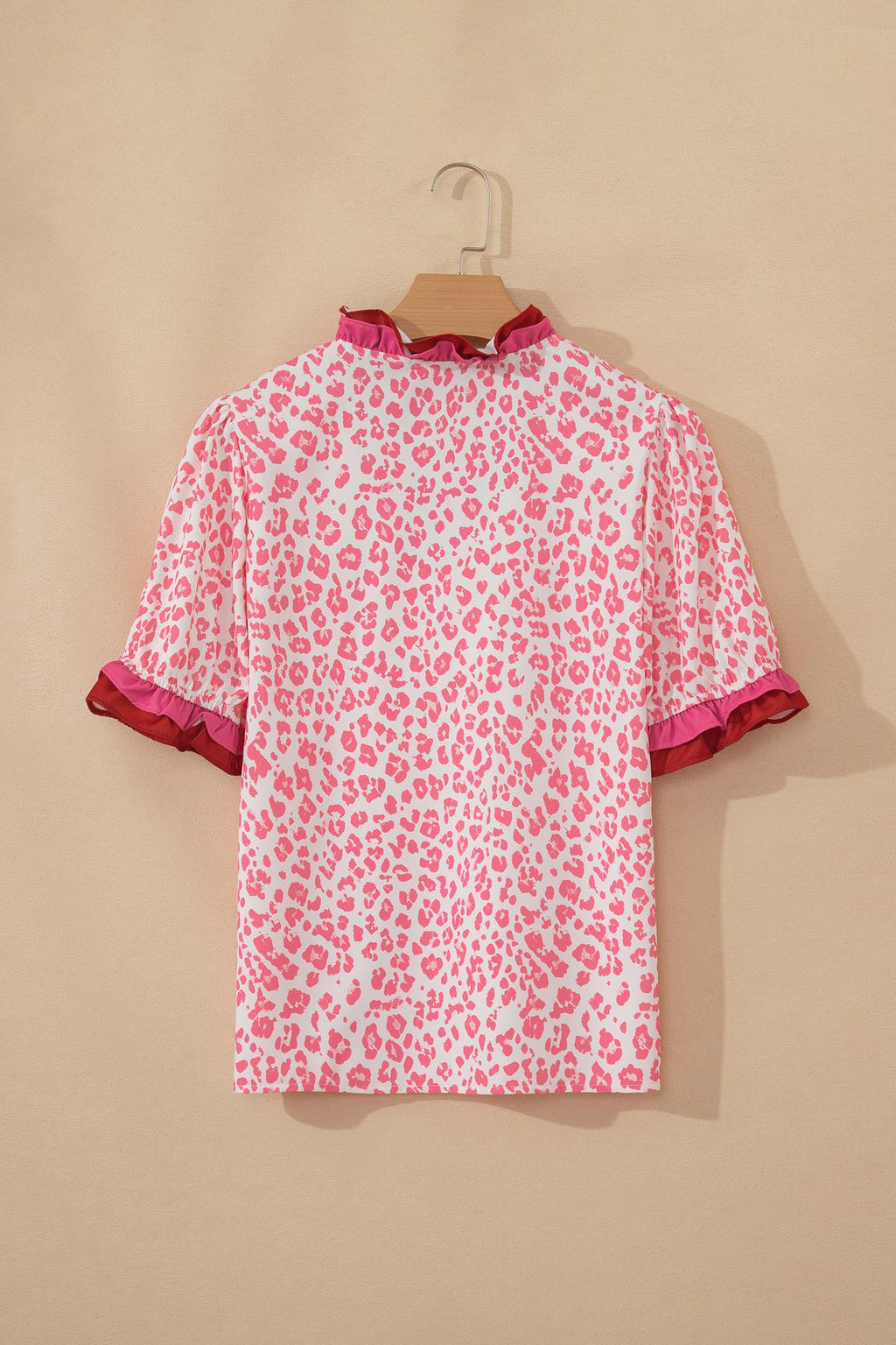 Leopard Ruffle Trim V-Neck Short Sleeve Blouse