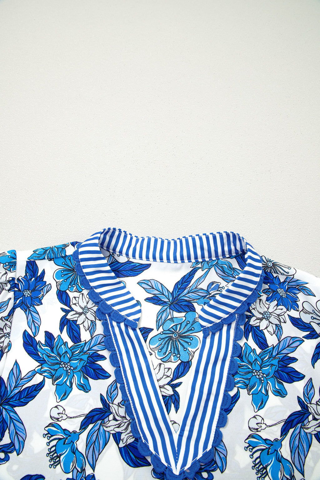 Floral Stripe Patchwork V-Neck Flounce Sleeve Blouse