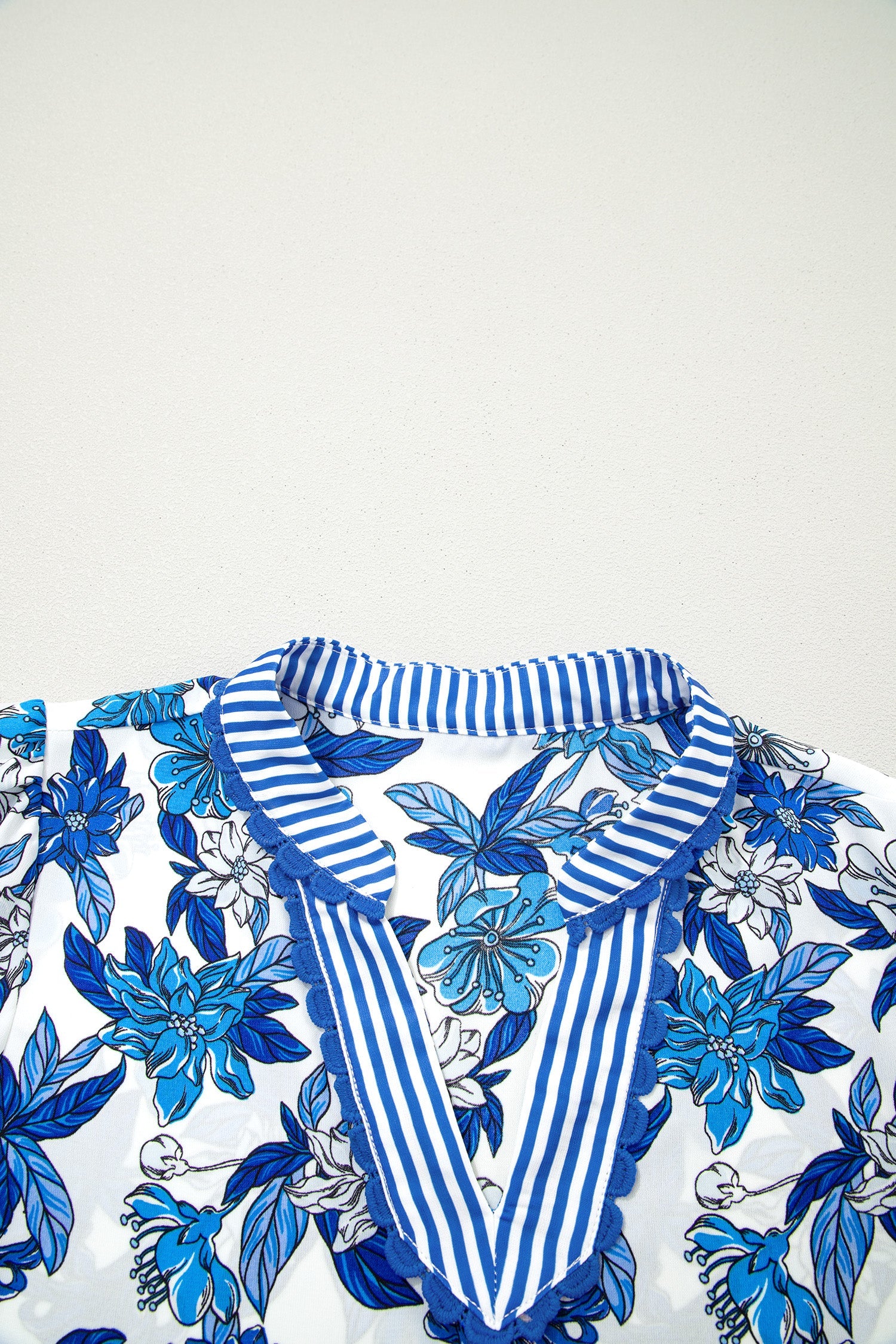 Floral Stripe Patchwork V-Neck Flounce Sleeve Blouse