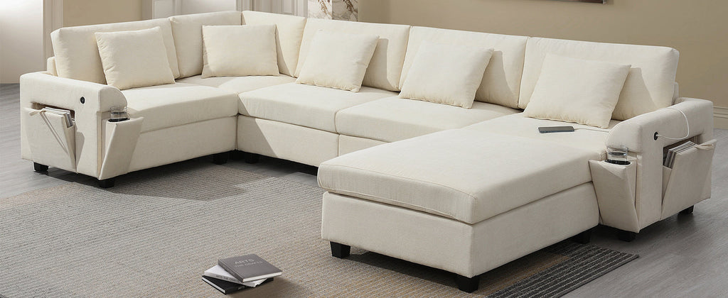 Chenille U Shaped Sectional Sofa with Ottoman, Storage, Cup Holders, and USB Ports, Off White, 128*67'