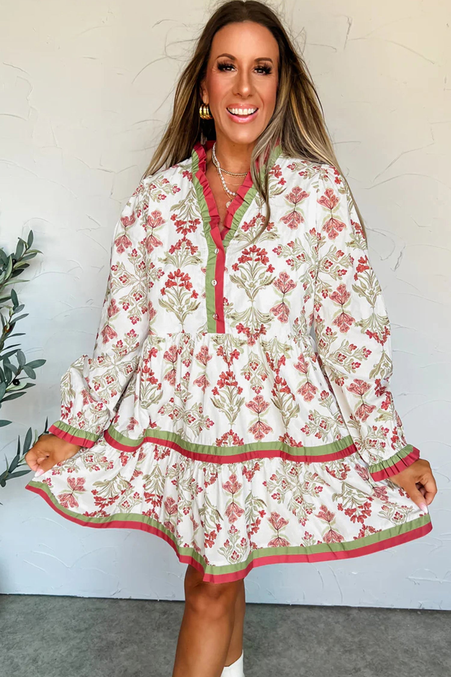 Floral Contrast Trim Frilled Neck Dress