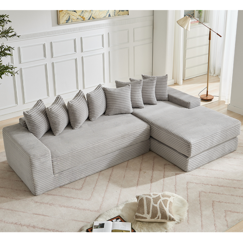 [NEW ARRIVED] [VIDEO PROVIDED] Oversize Cloud Couch, L-Shape Sofa, Convertible Floor Sleeper Sofa Bed, No Assembly ,Eight pillows,3-in-1,Magazine bag,(Right Facing Sofa),3 Seat,Corduroy,Light Gray