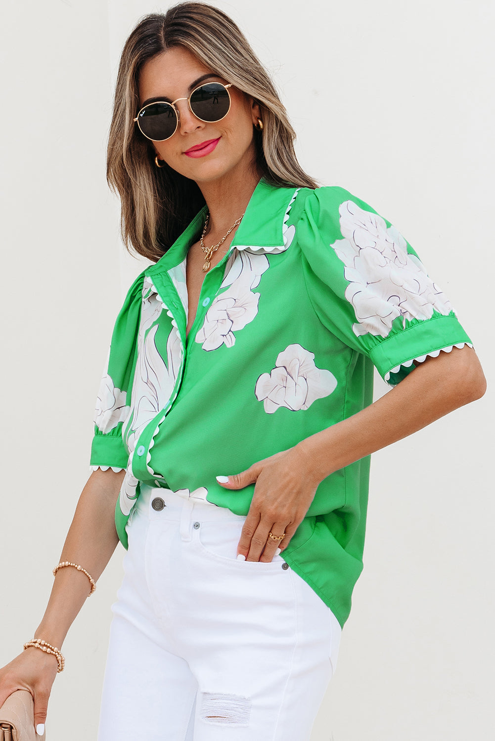 Floral Ricrac Trim Puff Sleeve Buttoned Shirt