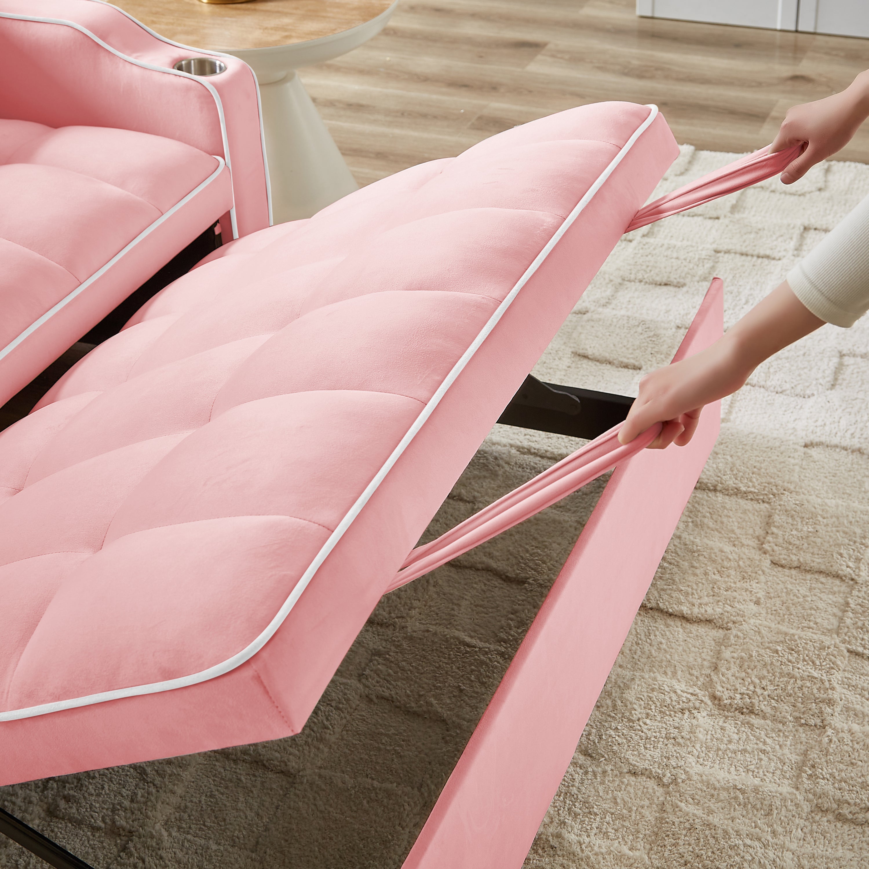 1 versatile foldable sofa bed in 3 lengths, modern sofa sofa sofa velvet pull-out bed, adjustable back and with USB port and ashtray and swivel phone stand (pink)