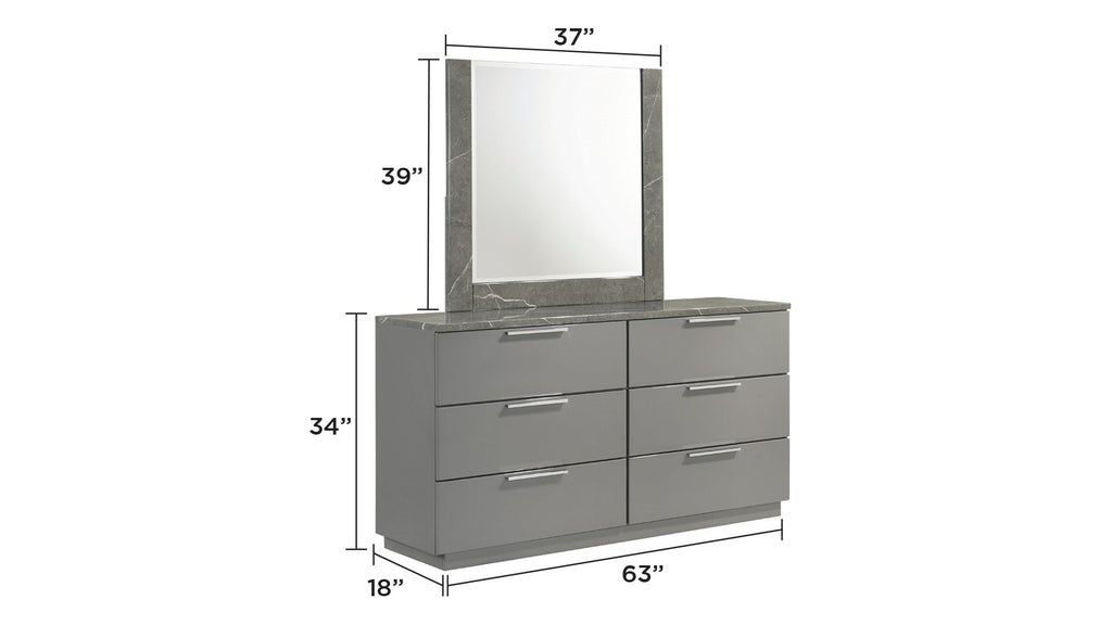 Elara Queen 5-Piece Set – Two-Tone High-Gloss Marble & Lacquer Finish with LED Lighting, Metal-Finished Legs, Spacious Storage- Gray (NJ Inventory)